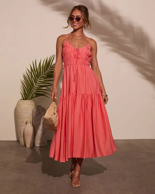 Riviera Romance Ruched Tiered Midi Dress sold by Vici