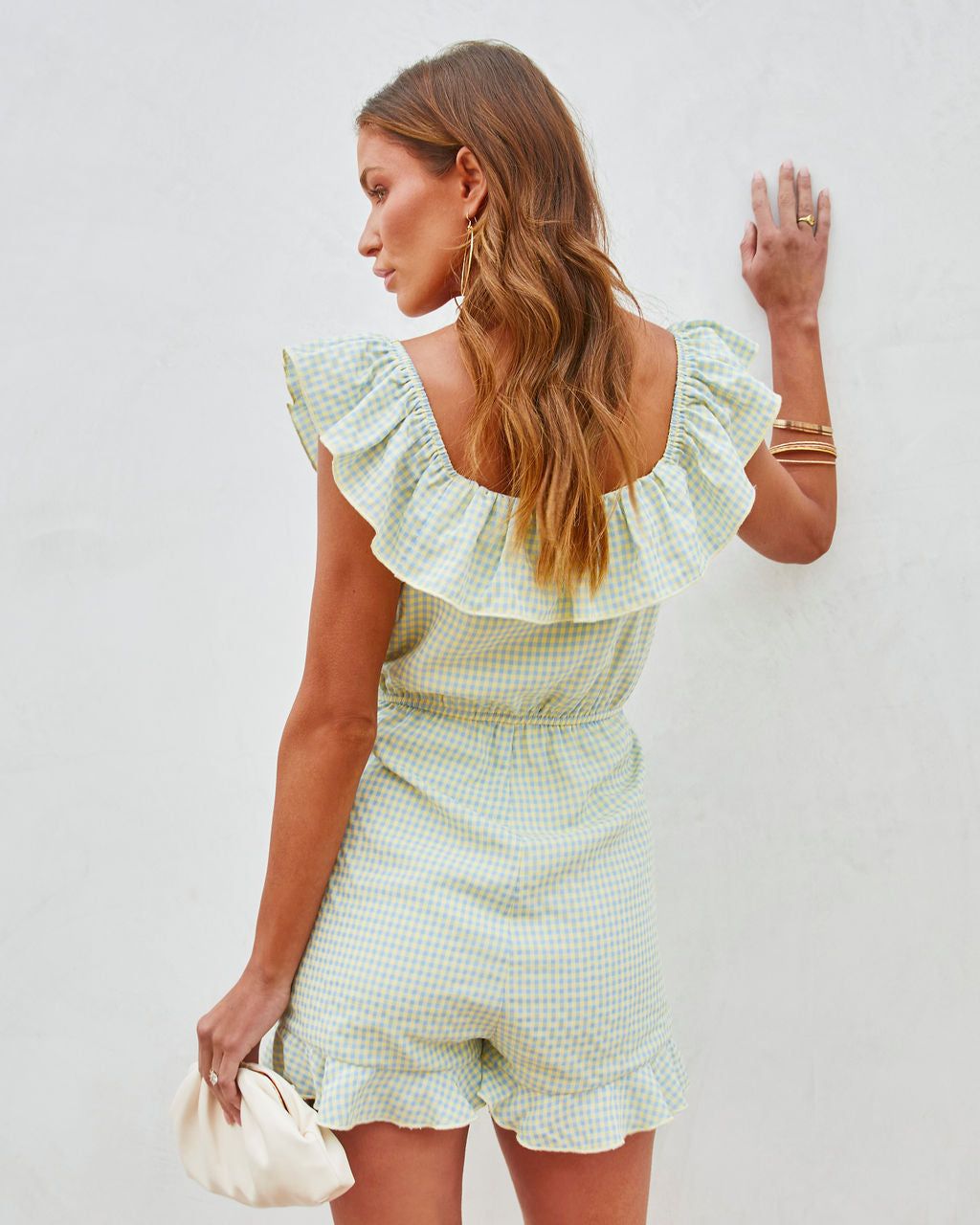 Spring Sprinkle Gingham Ruffle Waist Tie Romper sold by Vici product image thumbnail 2