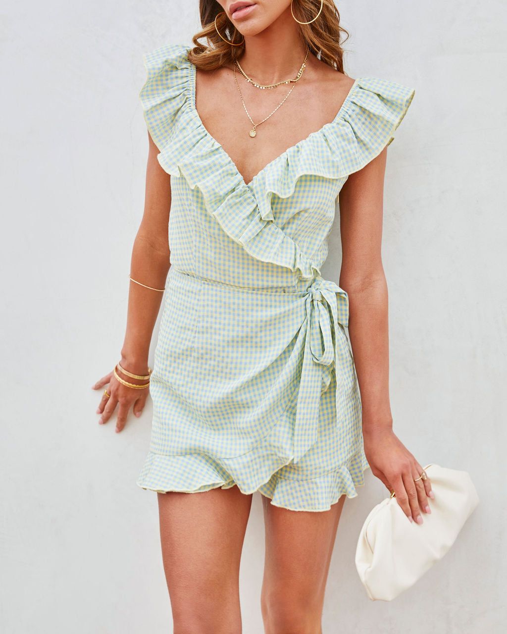 Spring Sprinkle Gingham Ruffle Waist Tie Romper sold by Vici product image thumbnail 3