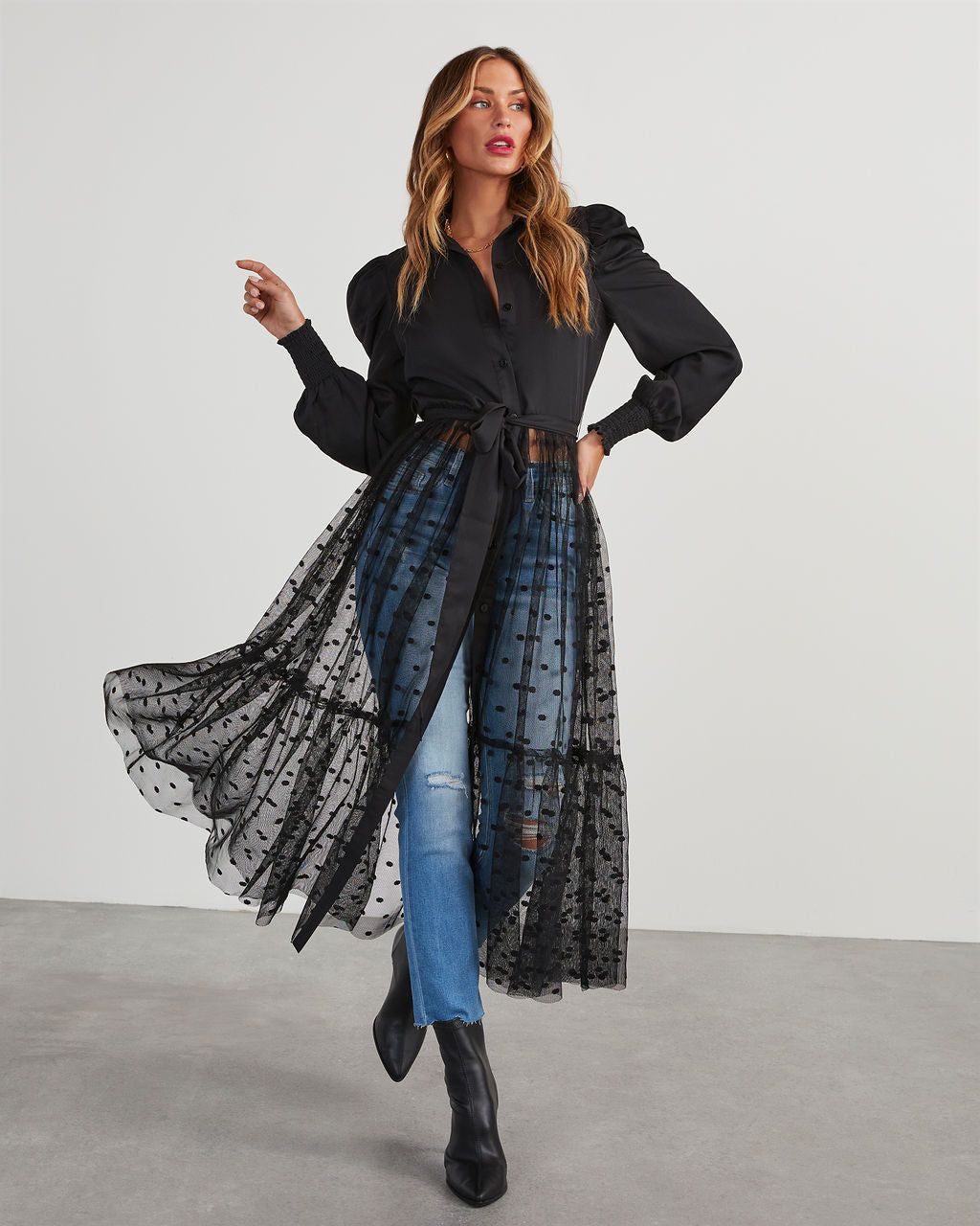 Normandy Polka Dot Mesh Midi Dress - Black sold by Vici