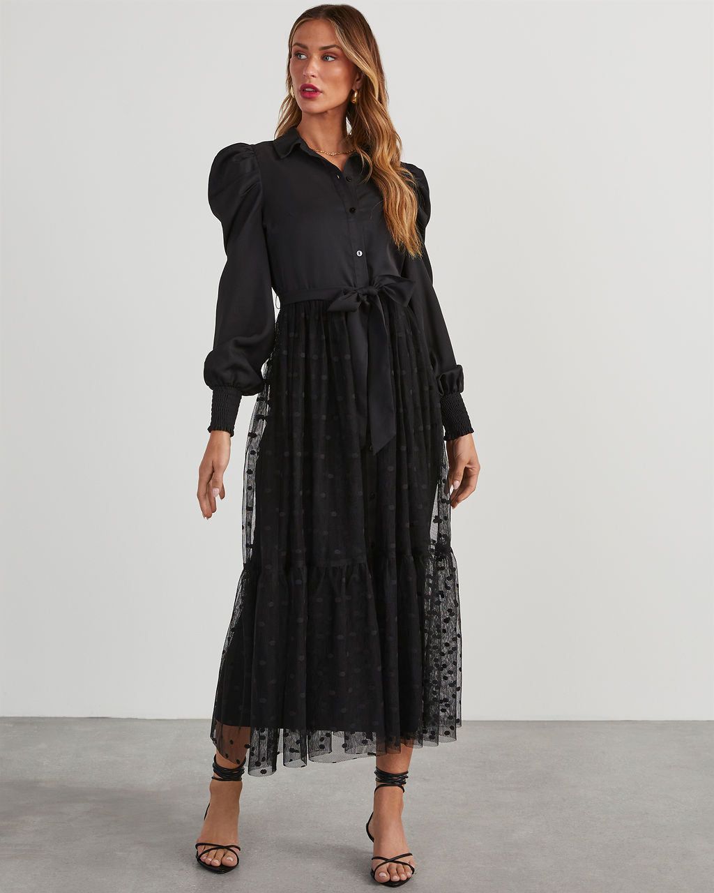 Normandy Polka Dot Mesh Midi Dress - Black sold by Vici product image thumbnail 6