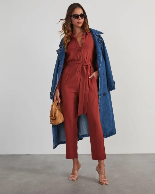 Duncan Tie Waist Button Front Jumpsuit sold by Vici