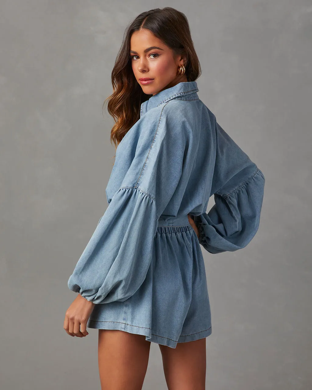 Apple Picking Denim Balloon Sleeve Romper sold by Vici product image thumbnail 4