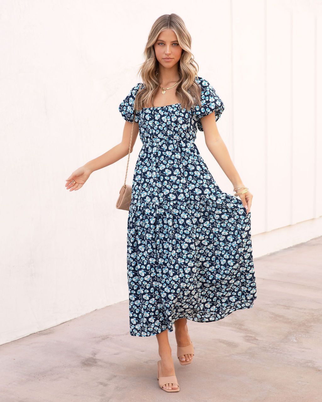 Picking Petals Floral Puff Sleeve Midi Dress - Navy - FINAL SALE sold by Vici