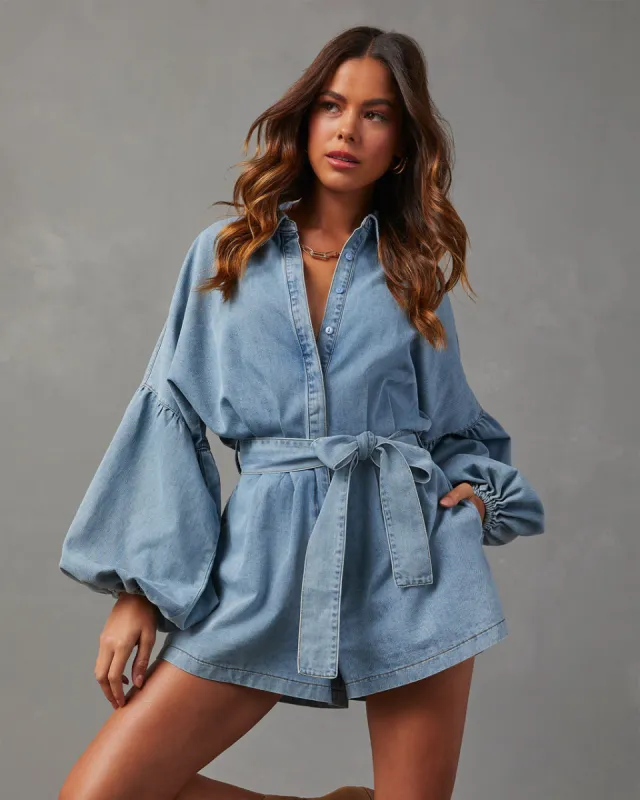 Apple Picking Denim Balloon Sleeve Romper sold by Vici
