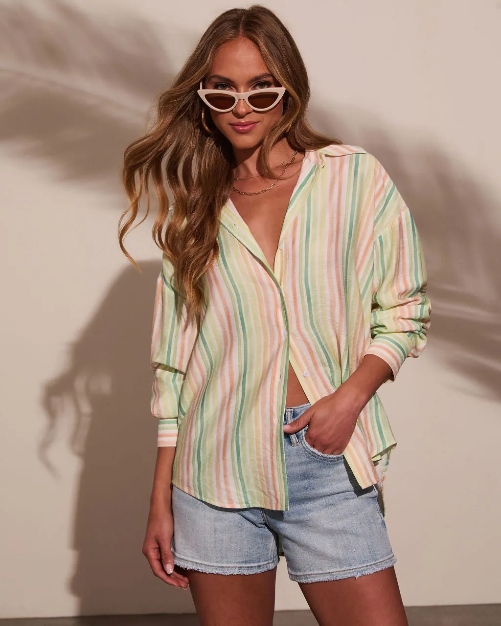 Suddenly Fine Striped Button Down Top sold by Vici