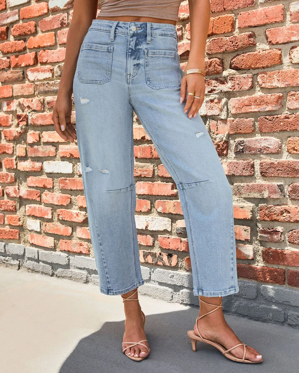 Eveline Stretch High Rise Cropped Distressed Barrel Jeans sold by Vici