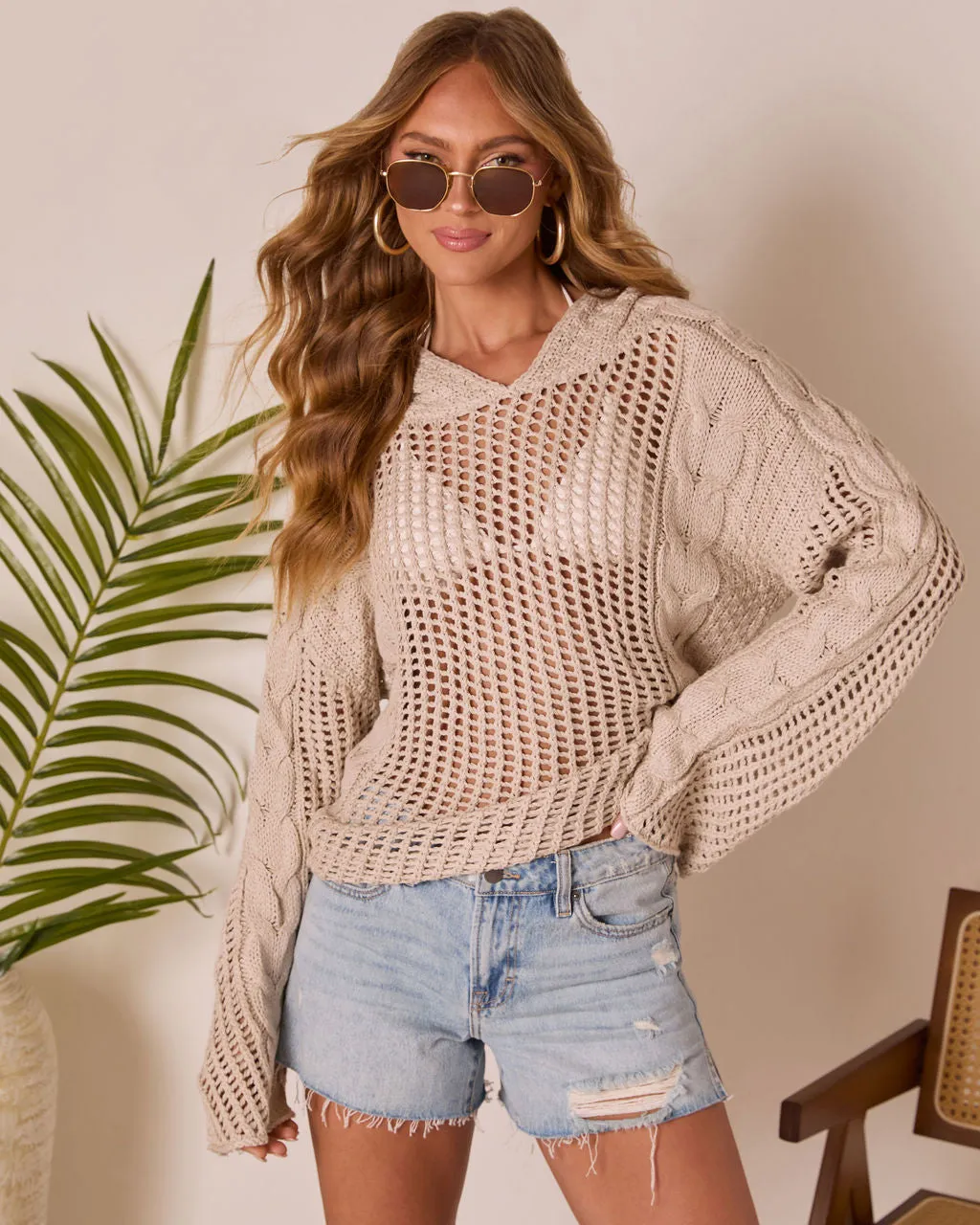 Solaris Hooded Cable Knit Perforated Sweater sold by Vici product image thumbnail 5