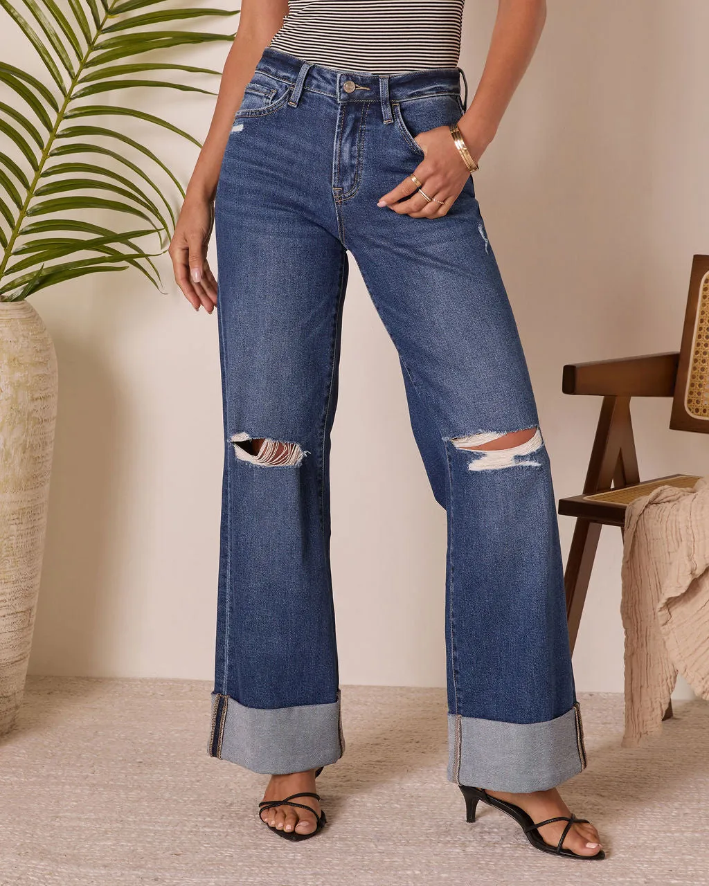 Jaidan Stretch Distressed Wide Leg Cuffed Jeans sold by Vici product image thumbnail 2