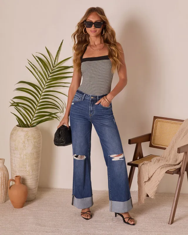 Jaidan Stretch Distressed Wide Leg Cuffed Jeans sold by Vici
