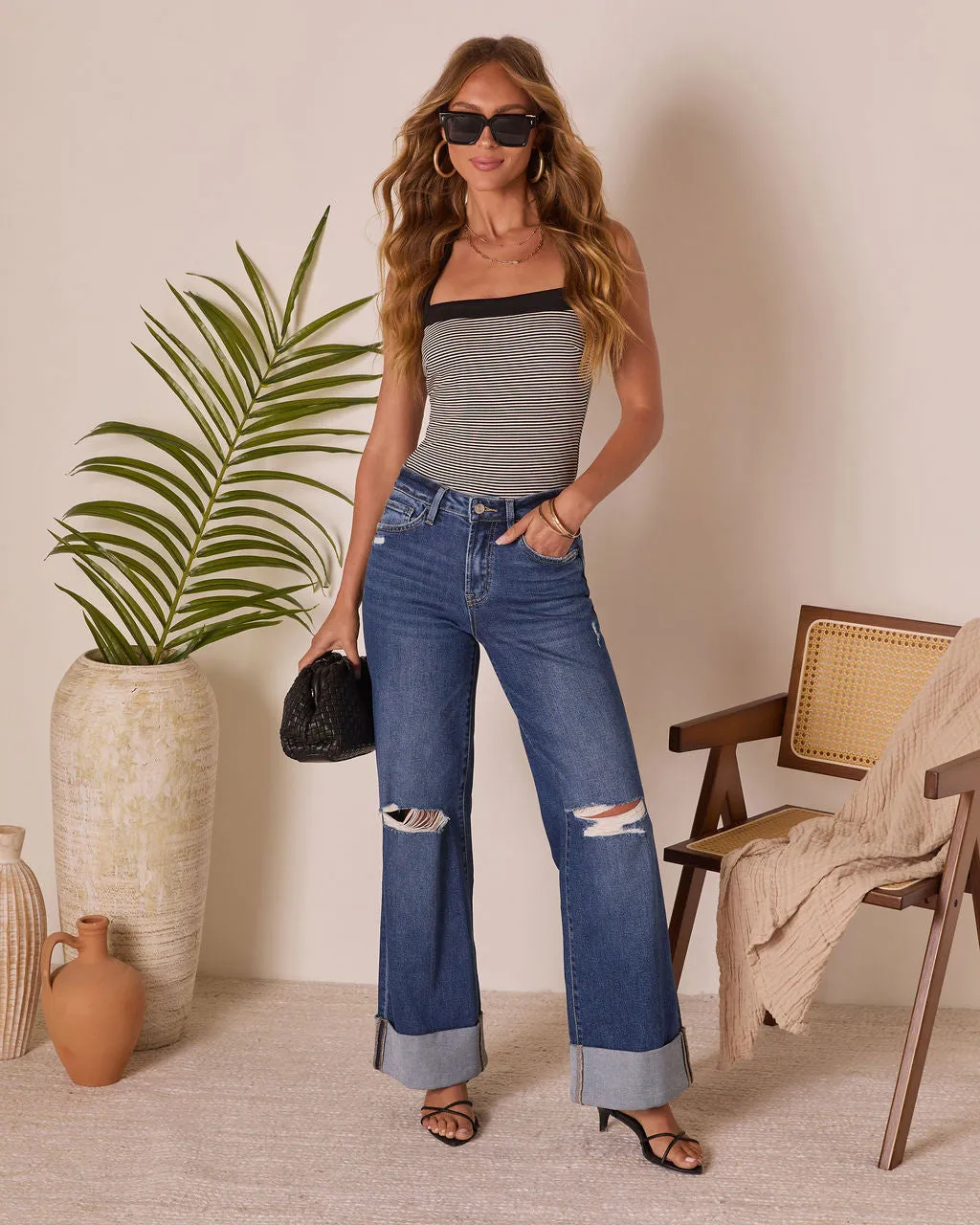 Jaidan Stretch Distressed Wide Leg Cuffed Jeans sold by Vici
