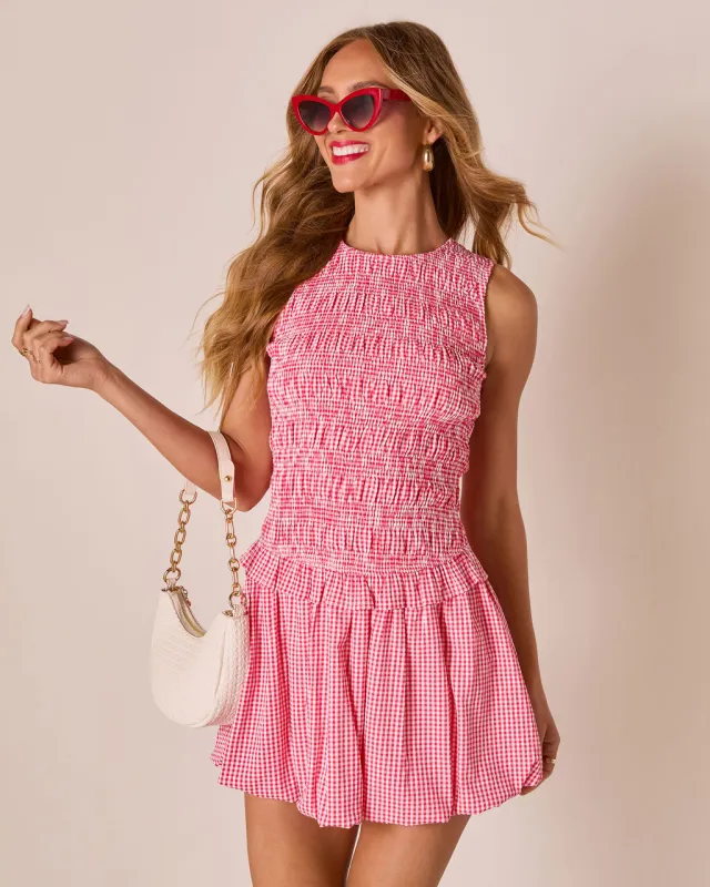 Lilianne Gingham Bubble Hem Mini Dress sold by Vici