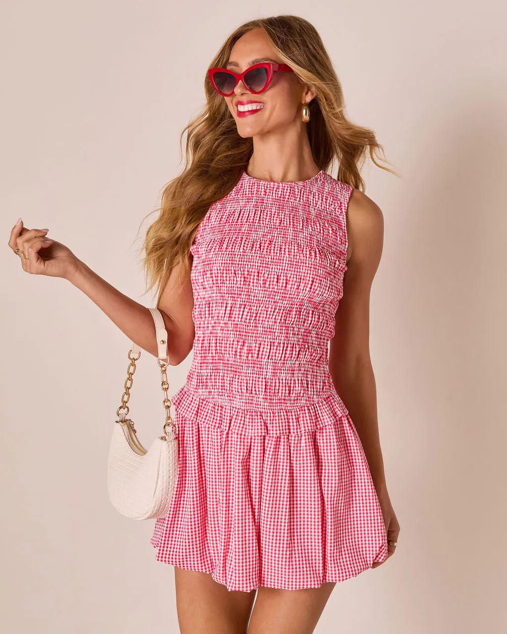 Lilianne Gingham Bubble Hem Mini Dress sold by Vici