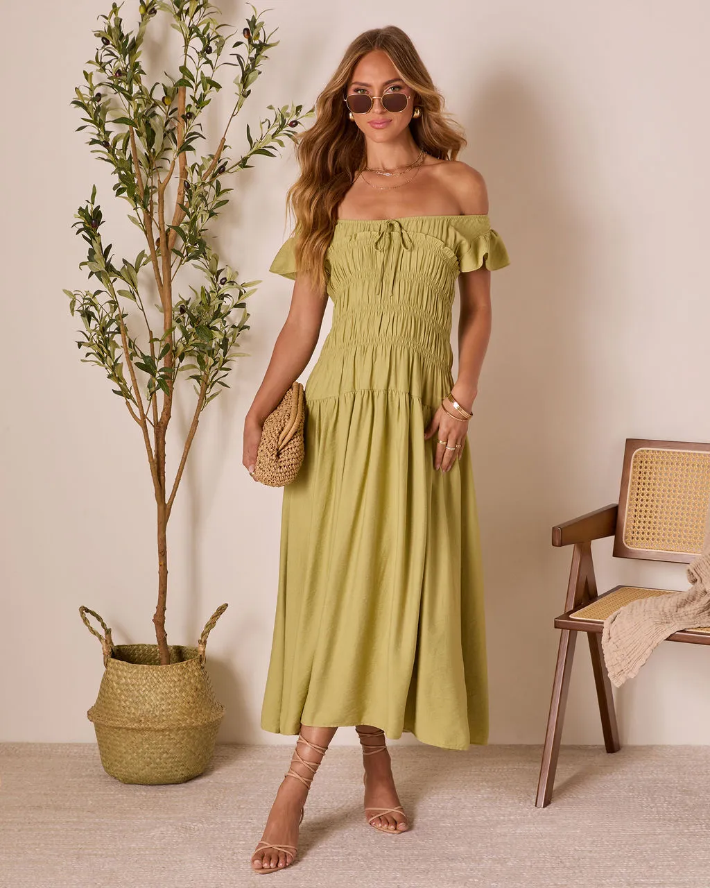 Linen Skies Flutter Sleeve Midi Dress sold by Vici