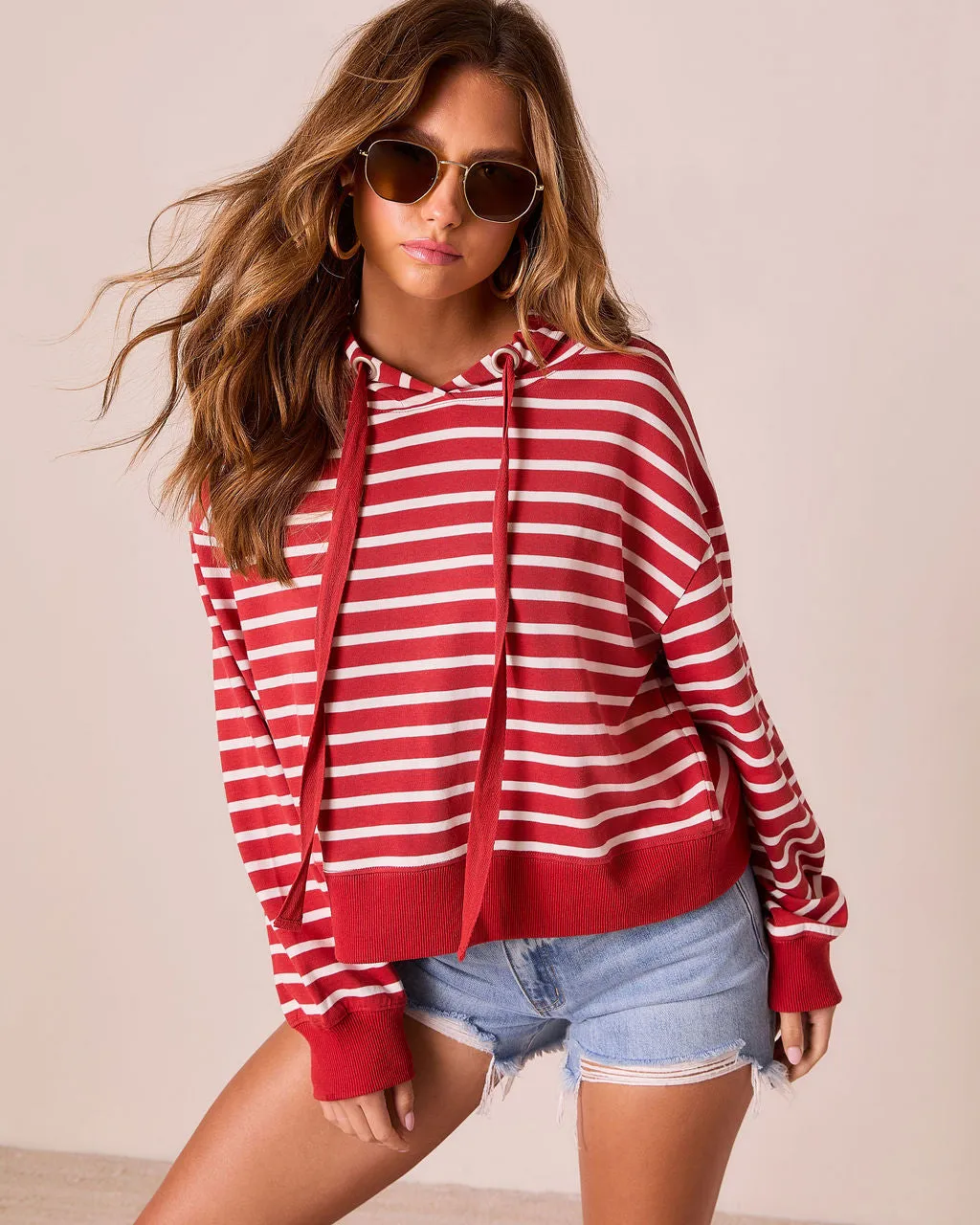 Farrien Striped Hooded Drawstring Sweater sold by Vici