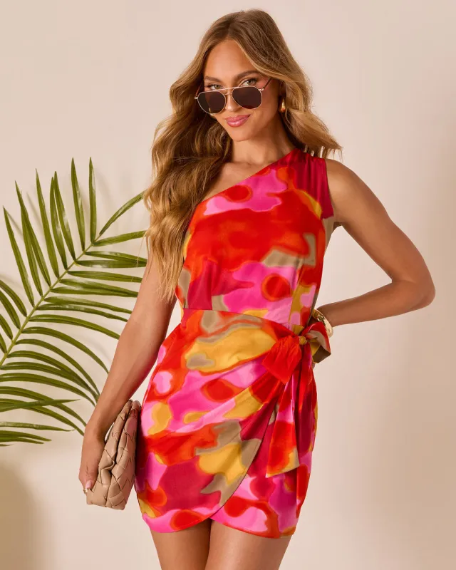 Tropic Kiss One Shoulder Wrap Mini Dress sold by Vici