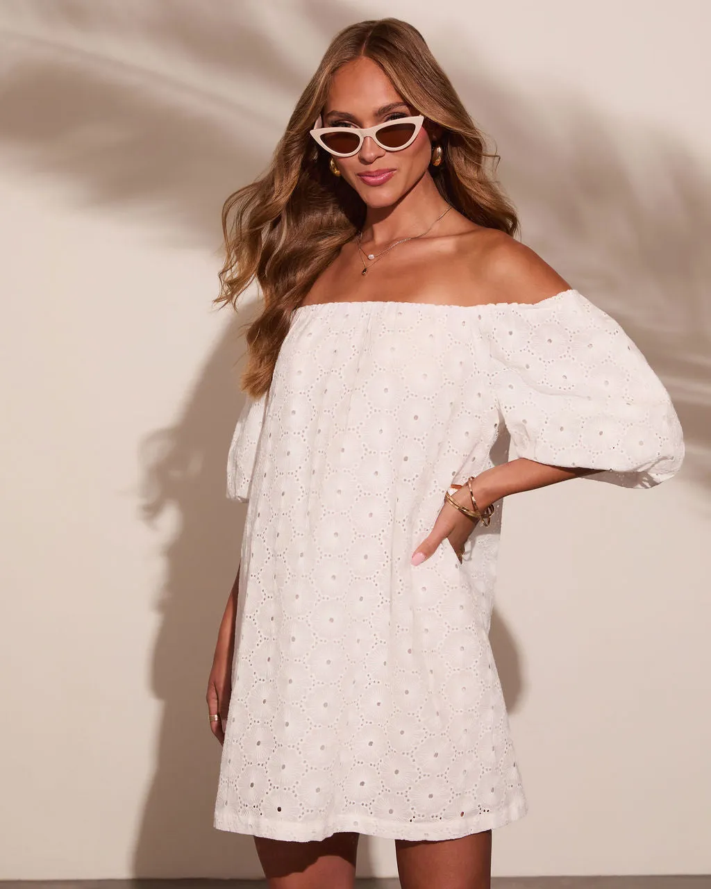 Mirelle Eyelet Off The Shoulder Mini Dress sold by Vici product image thumbnail 3