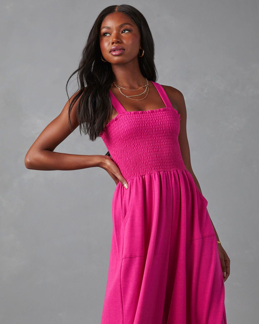 Mattea Smocked Pocketed Jumpsuit - Hot Pink - FINAL SALE sold by Vici product image thumbnail 3