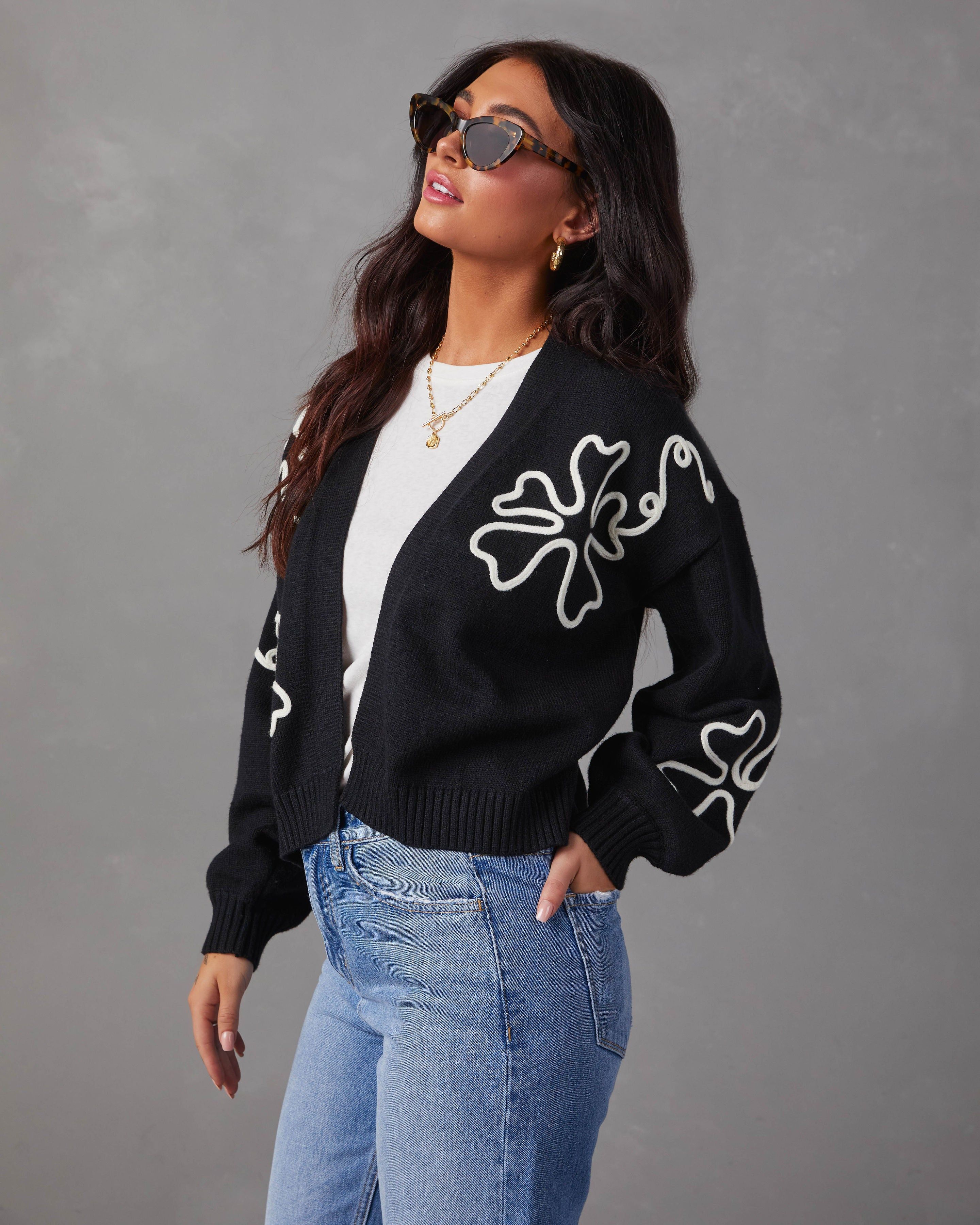 Wisteria Oversized Floral Stitch Cardigan - Black sold by Vici product image thumbnail 6