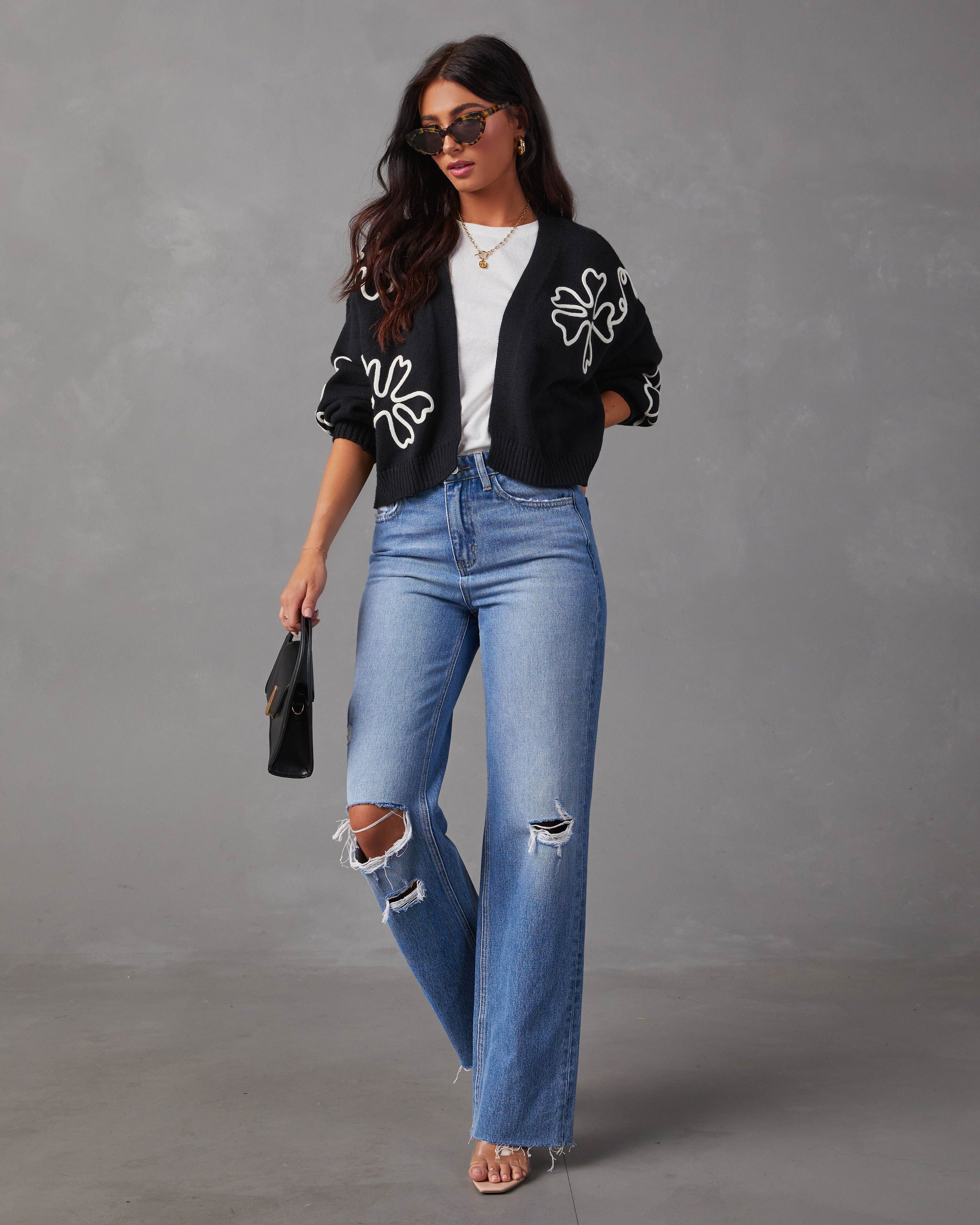 Wisteria Oversized Floral Stitch Cardigan - Black sold by Vici