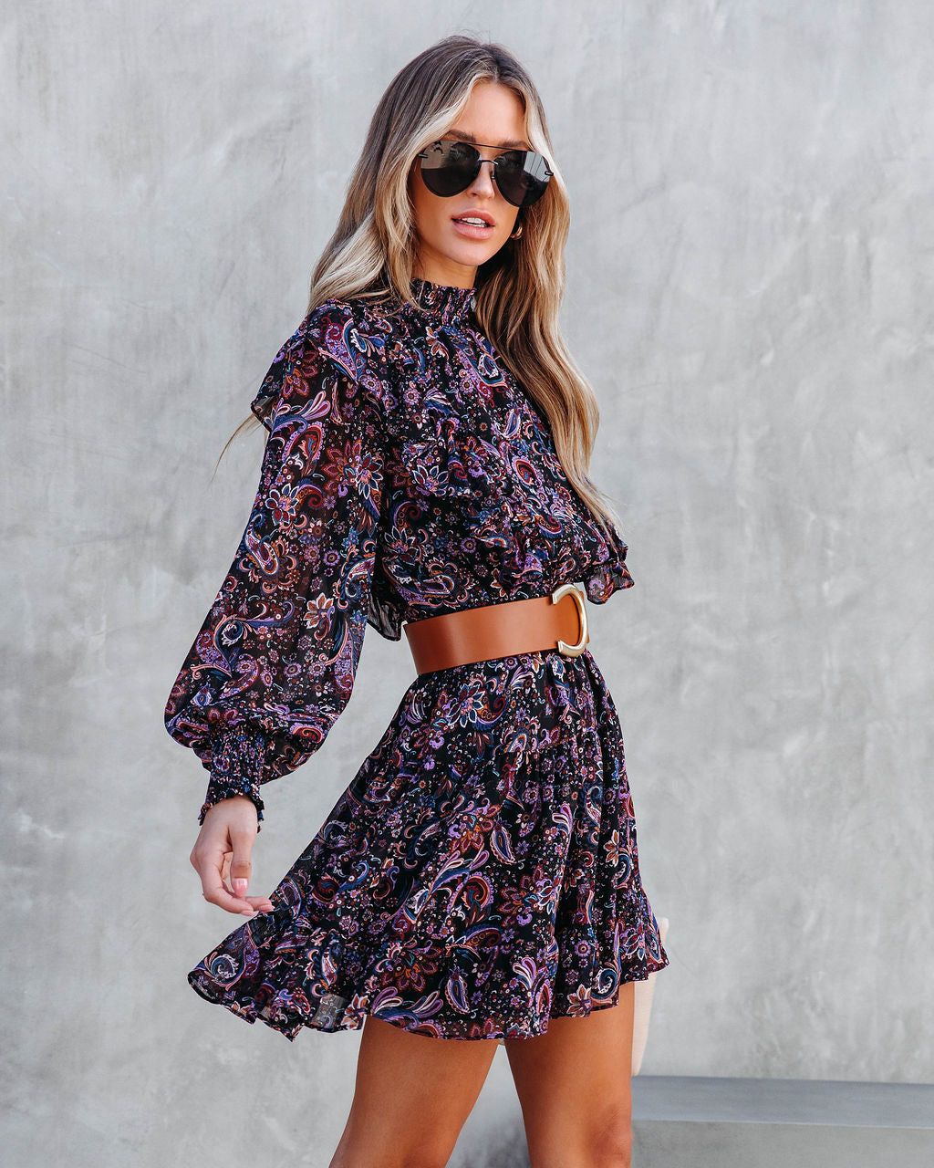 Parksville Paisley Ruffle Mini Dress sold by Vici