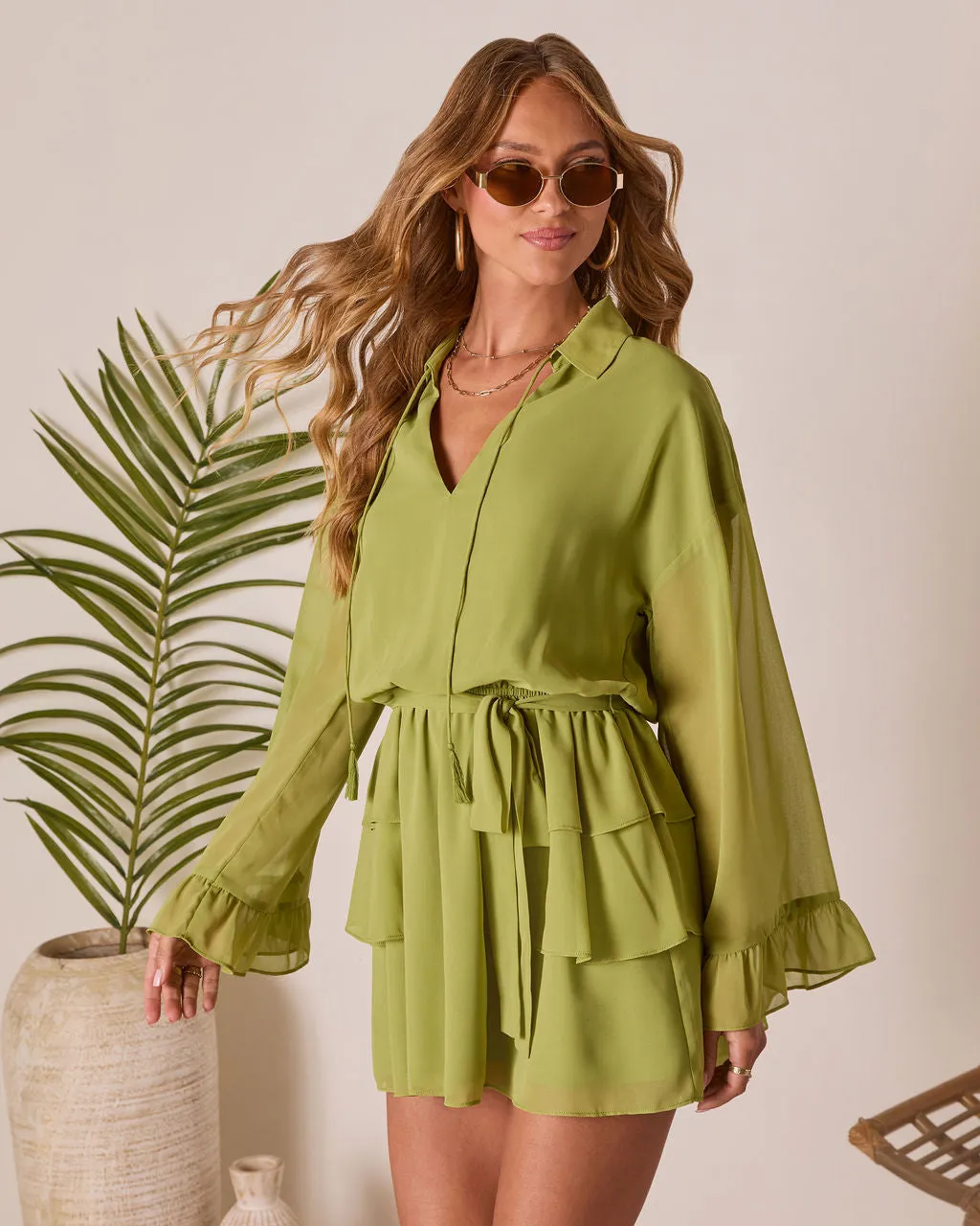 Odessi Tiered Waist Tie Mini Dress sold by Vici product image thumbnail 3