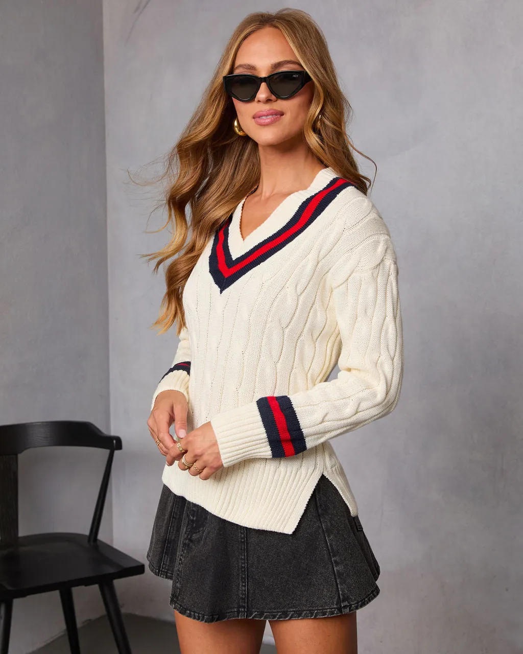 Moonlit Varsity Cable Knit Sweater sold by Vici product image thumbnail 3