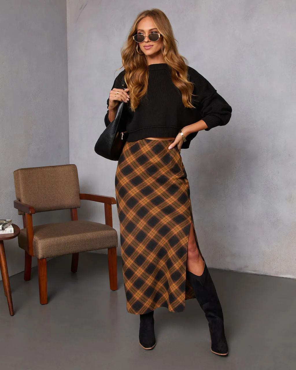 Autumn Chapter Plaid Maxi Skirt sold by Vici