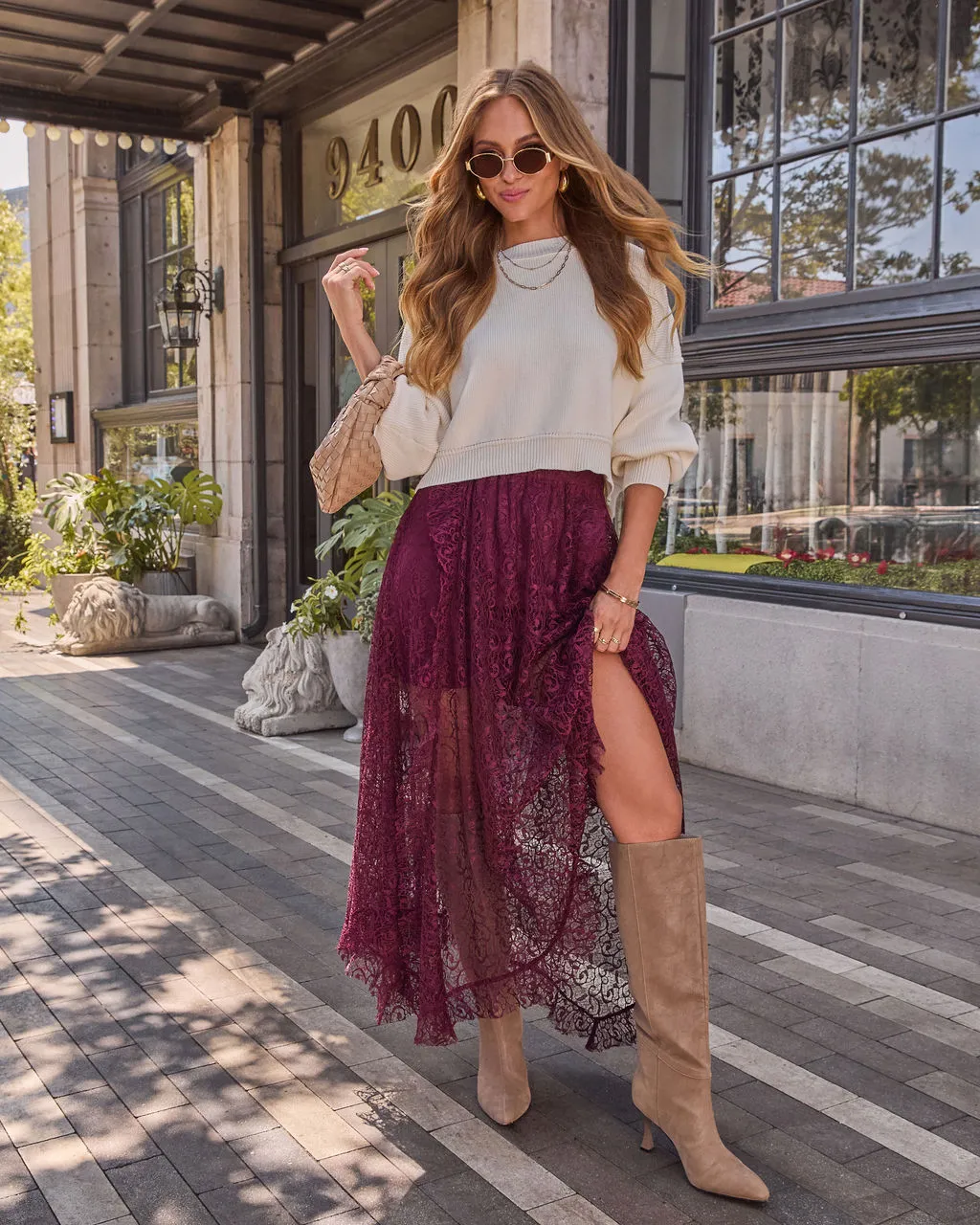 Mulled Wine Lace Midi Skirt sold by Vici