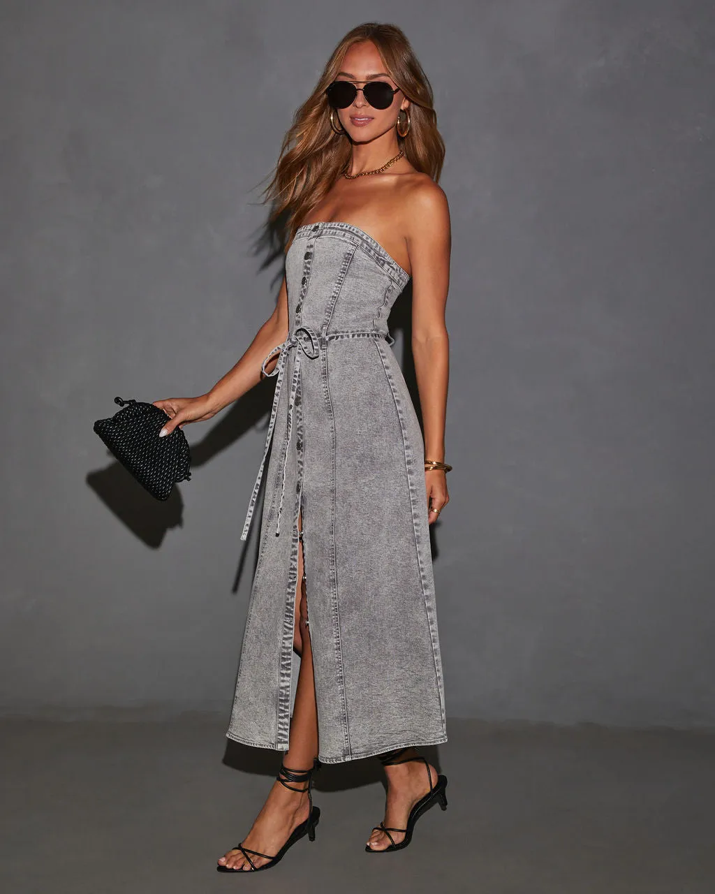 Peggy Button Front Strapless Denim Maxi Dress sold by Vici product image thumbnail 3