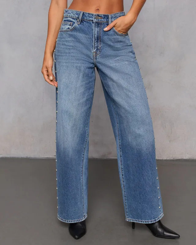 Burnt Sugar Rigid High Rise Stud Embellished Barrel Jeans made by Vici