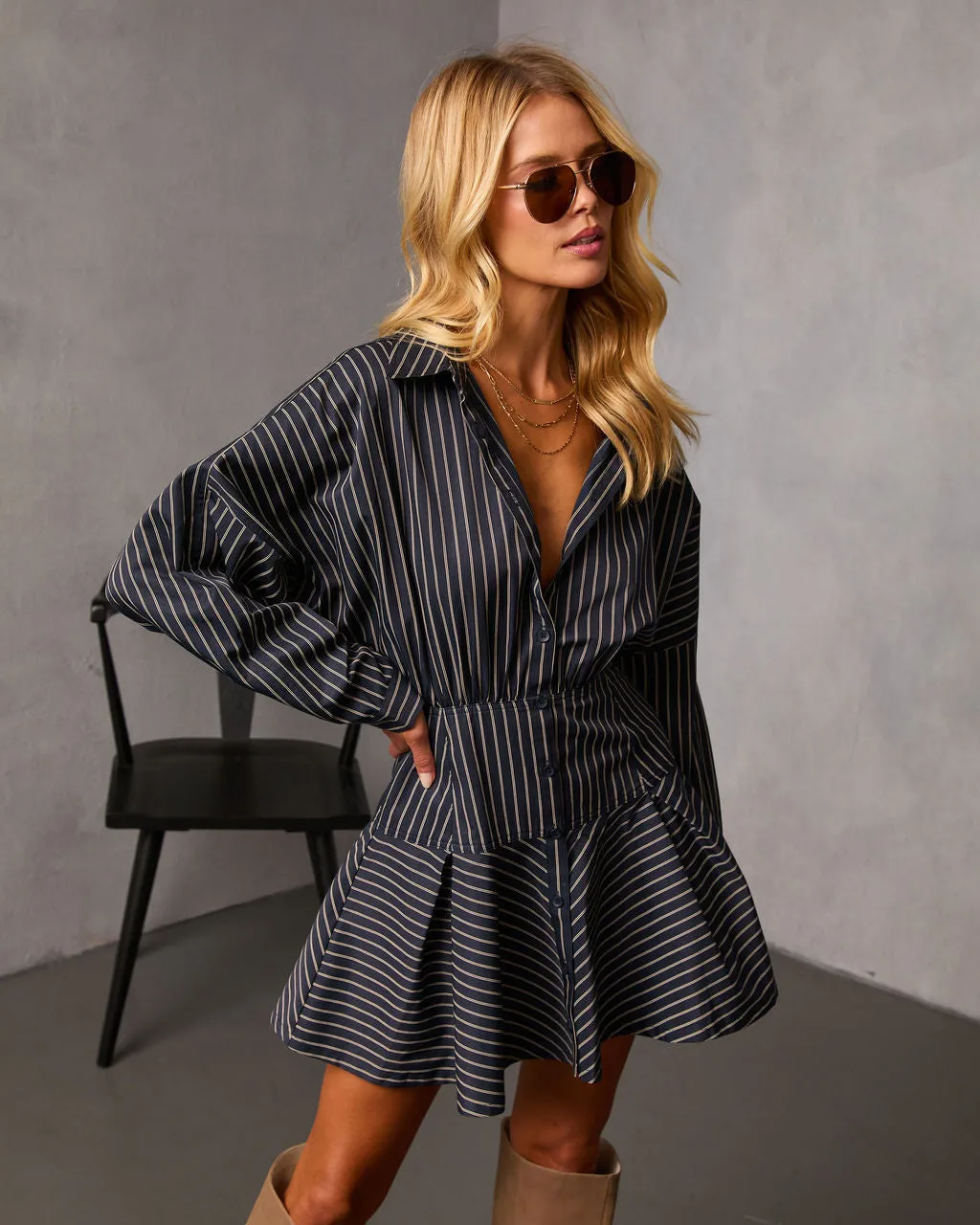 Margen Pinstripe Fit And Flare Mini Shirt Dress sold by Vici product image thumbnail 3