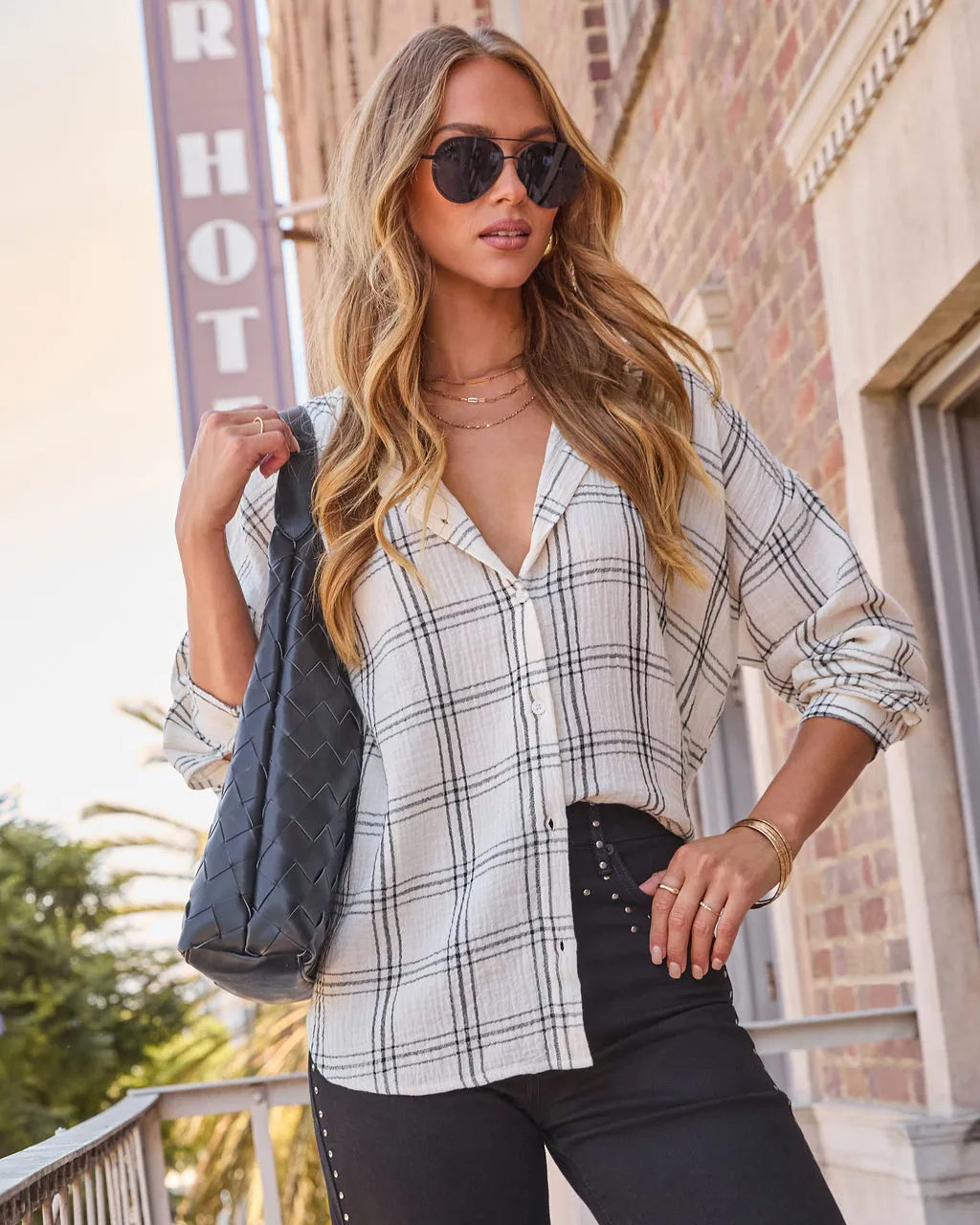 Brassroot Plaid Button Down Top sold by Vici