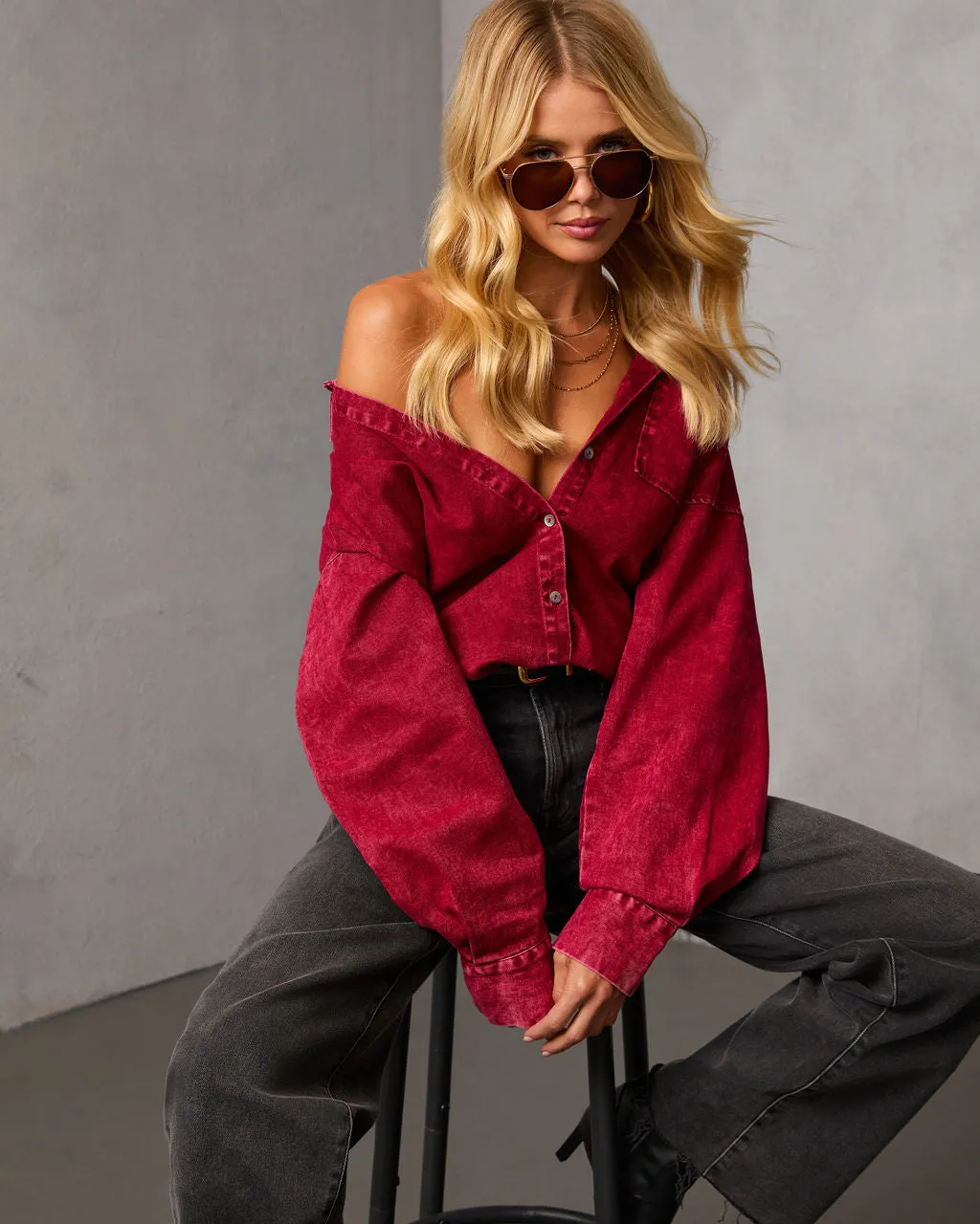 Wild Maple Denim Button Down Shirt sold by Vici