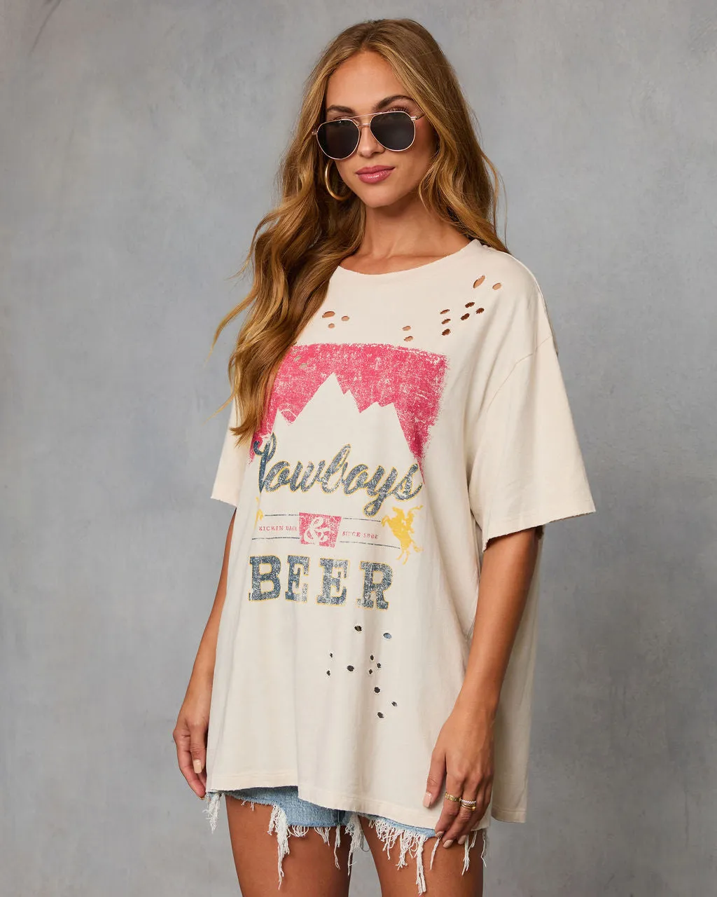 Cowboys and Beer Distressed Oversized Graphic Tee sold by Vici product image thumbnail 3