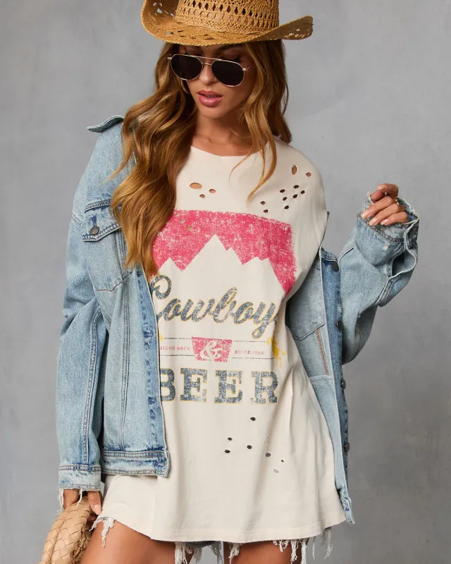 Cowboys and Beer Distressed Oversized Graphic Tee sold by Vici