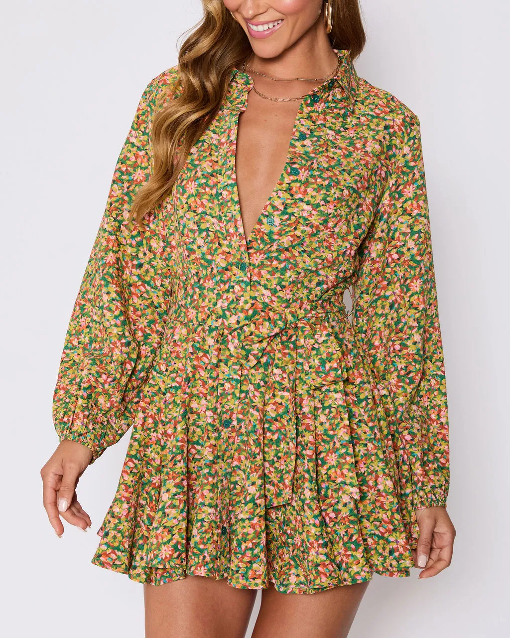 Fiona Floral Button Down Mini Dress sold by Vici