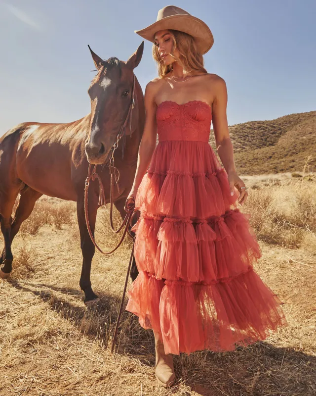 Novara Strapless Tiered Tulle Maxi Dress sold by Vici