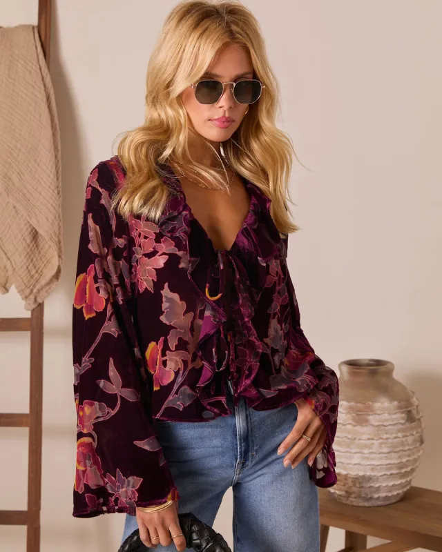 Neutral Harvest Printed Velvet Front Tie Top sold by Vici