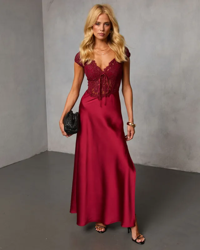 Sable Hour Lace Satin Maxi Dress sold by Vici