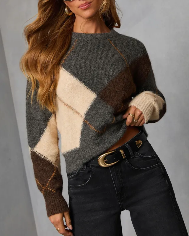 Smoky Cedar Contrast Argyle Print Crew Neck Sweater sold by Vici
