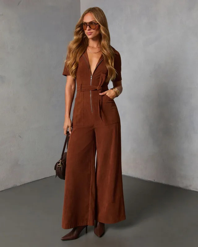 Warm Rust Tie Waist Corduroy Jumpsuit sold by Vici