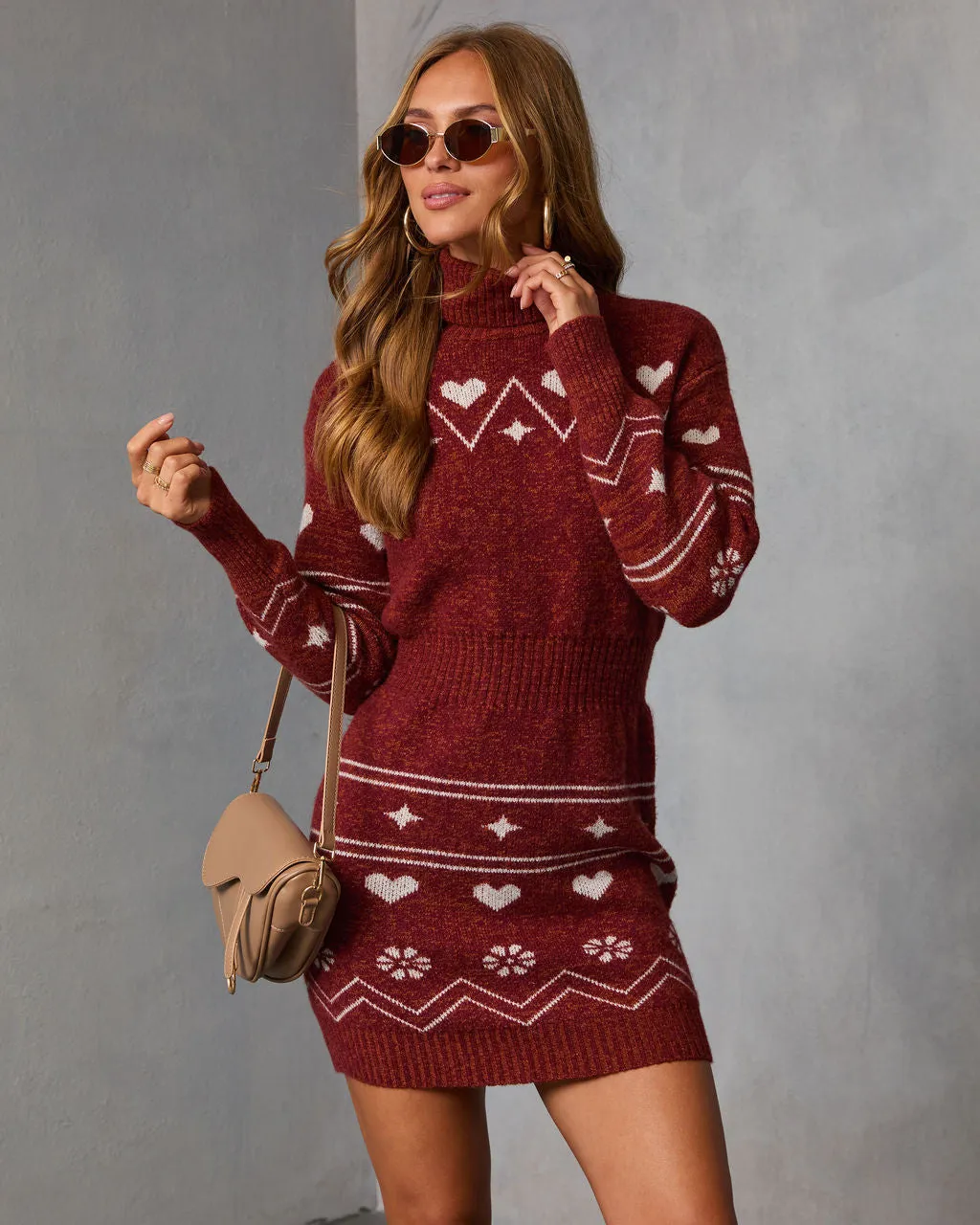 Muted Rose Abstract Knit Mini Sweater Dress sold by Vici product image thumbnail 5