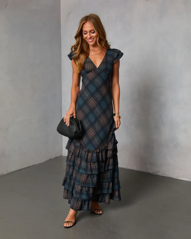 Marcellie Ruffle Plaid Maxi Dress sold by Vici