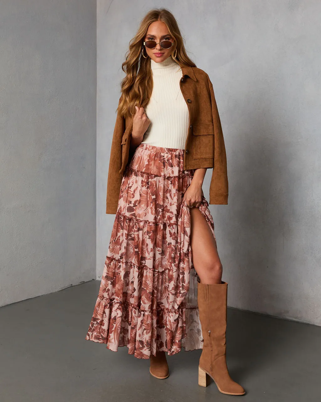 Gypsy Petal Printed Tiered Maxi Skirt sold by Vici