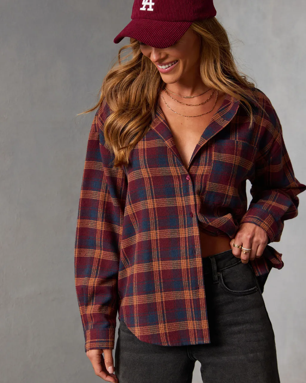 Toasted Maple Plaid Button Down Top sold by Vici