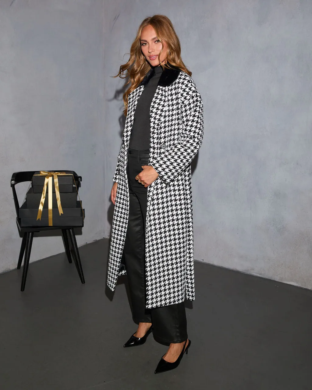 Warm Sugar Faux Fur Collar Houndstooth Coat sold by Vici product image thumbnail 3