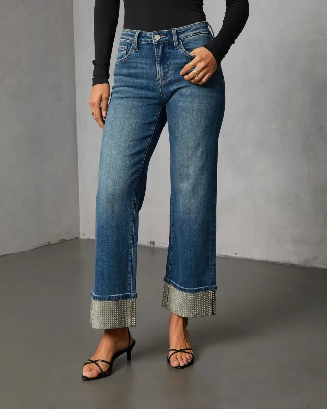 Sparkle Season Stretch Wide Leg Embellished Cuff Jeans sold by Vici