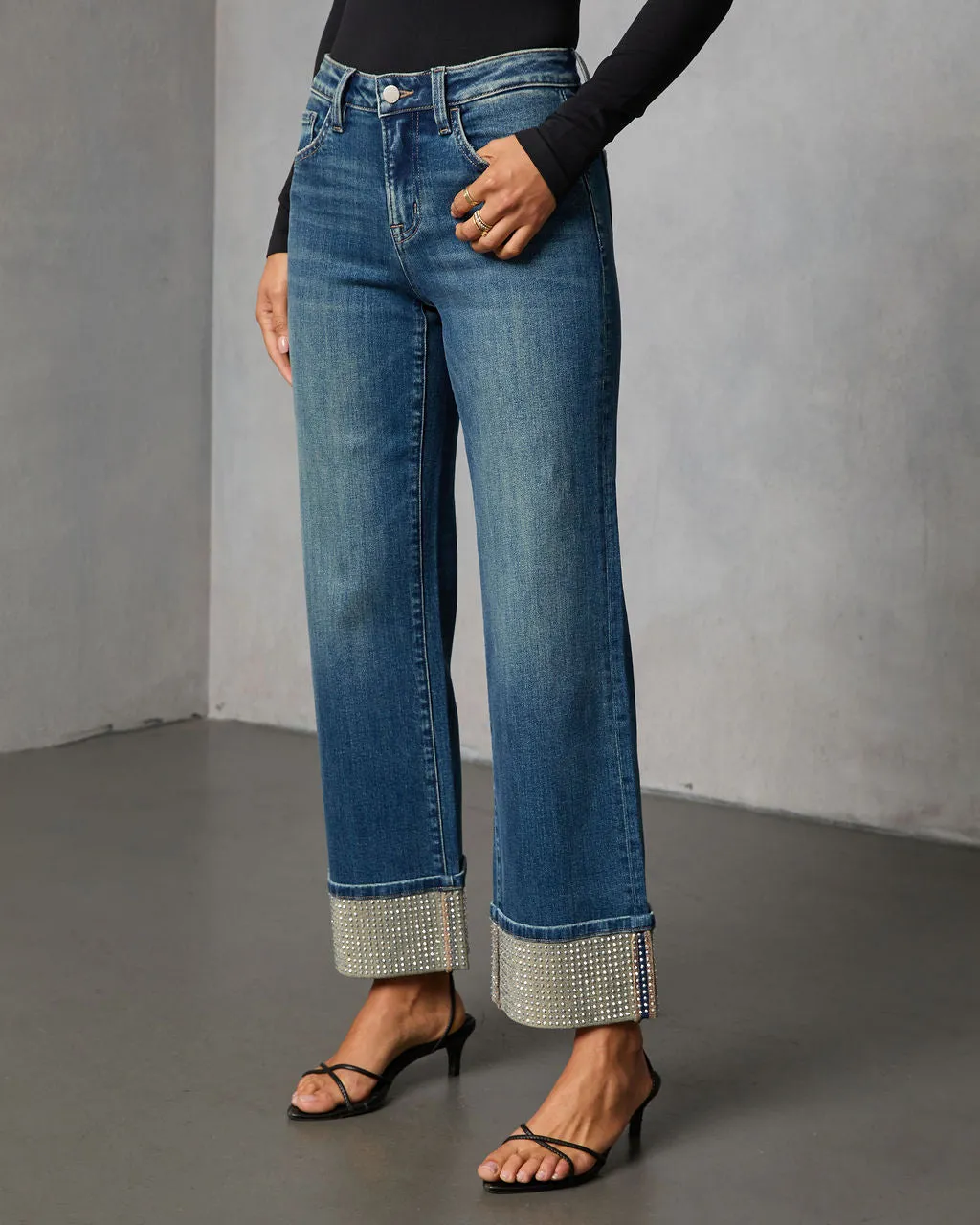 Sparkle Season Stretch Wide Leg Embellished Cuff Jeans sold by Vici product image thumbnail 3