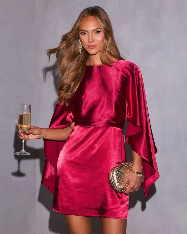 Mulled Moonlight Satin Cape Mini Dress sold by Vici
